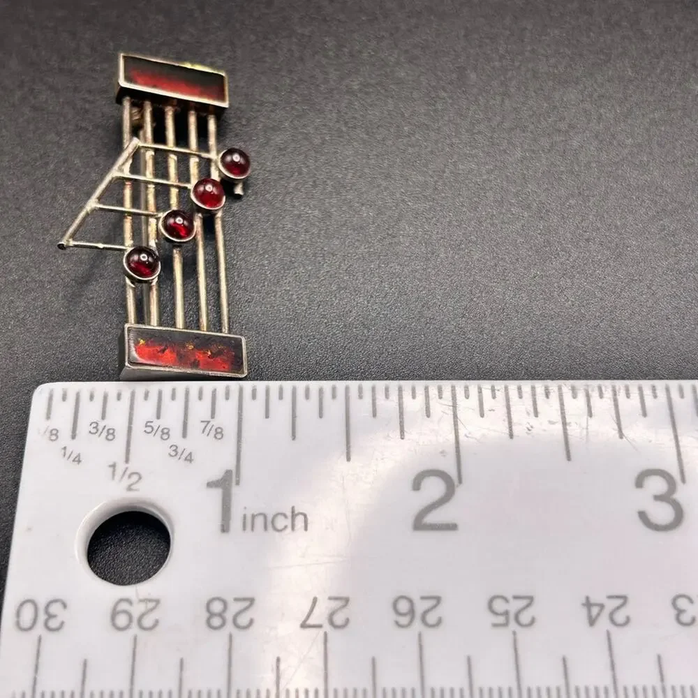 925 Sterling Silver Red Stone Musical Staff brooch Pin #G014
